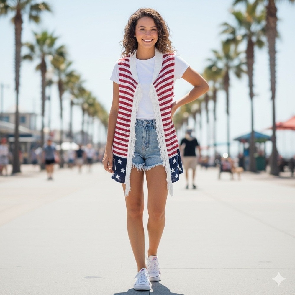 Cool Attitude Womens Size 3X American Flag Crochet Vest Cardigan Fringe Patriot
